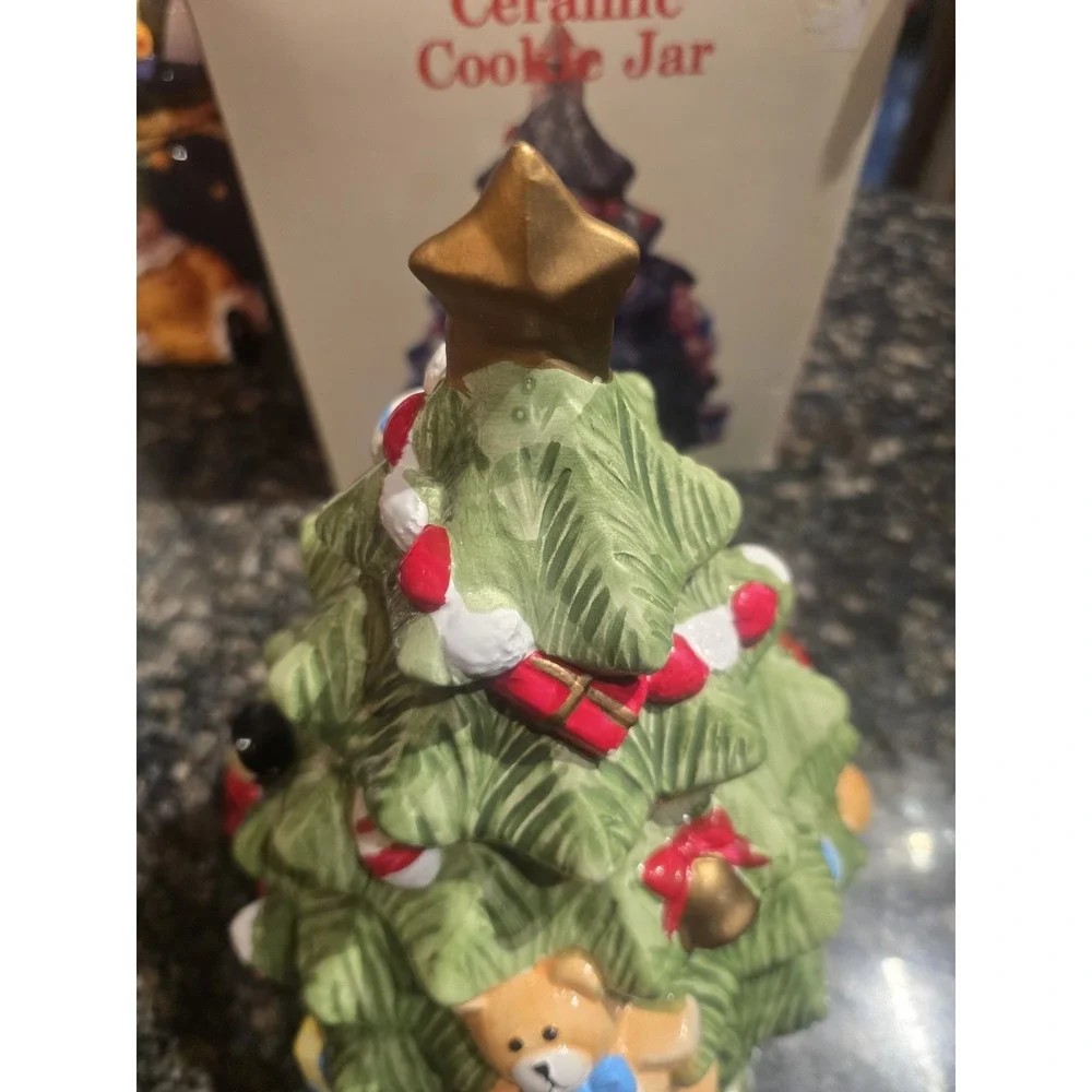 Christmas Tree Cookie Jar‎ Village Earthenware Musical Lid!! Works!!!